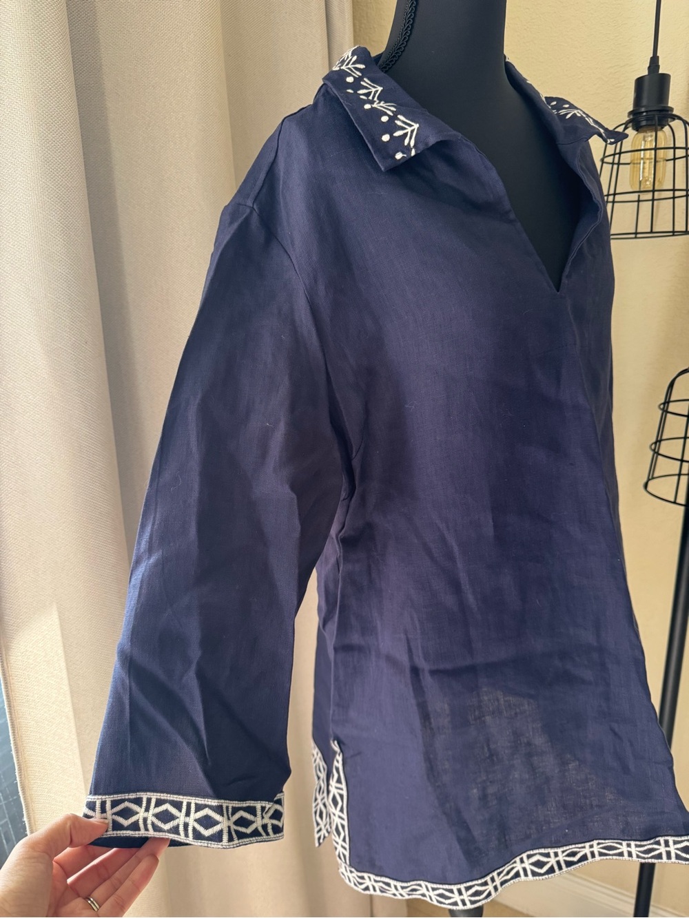 NM Neiman Marcus 100% Linen Navy Embroidered Tunic Dress XL Boho Coastal - Picture 5 of 8